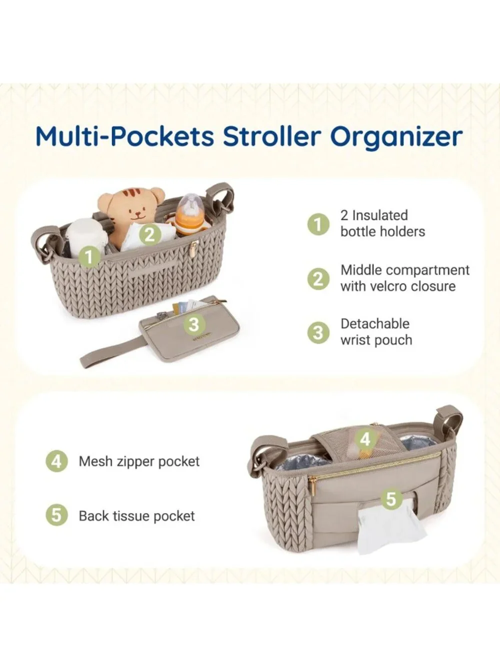 Universal Stroller Organizer with Insulated Cup Holders & Detachable Phone Bag